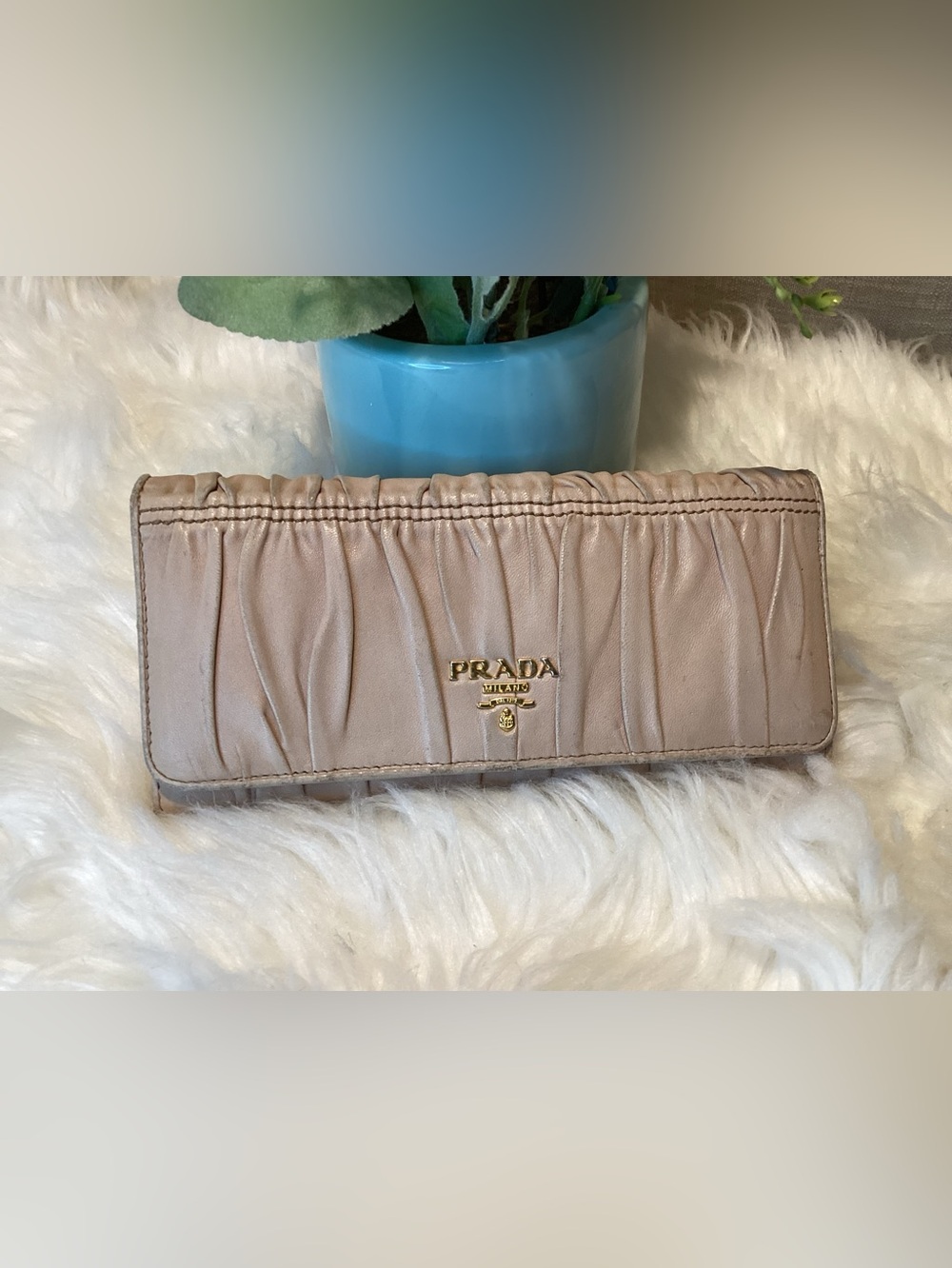 PRADA Nude Quilted Nappa Leather Continental Wallet with Gold Logo